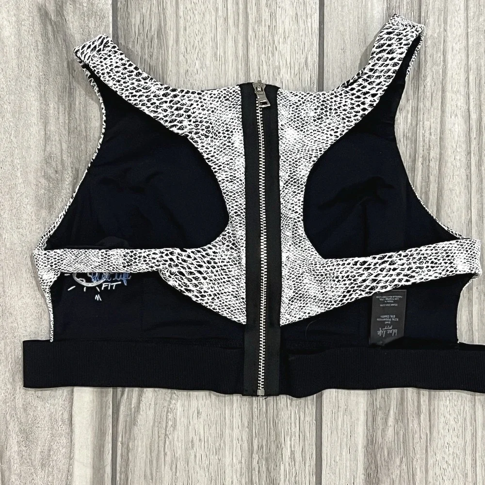 Blue Life Fit Sports Bra Women Medium Black White Excellent Snakeskin Zip Back